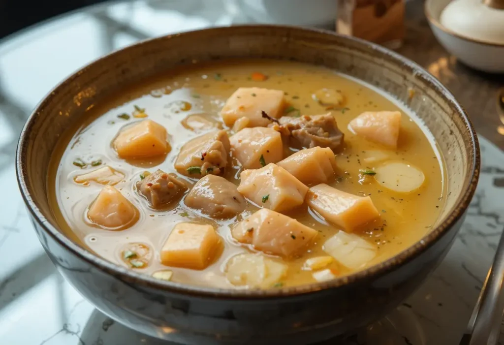 Un bol de soupe pour chat avec du bouillon et des morceaux de viande visible.