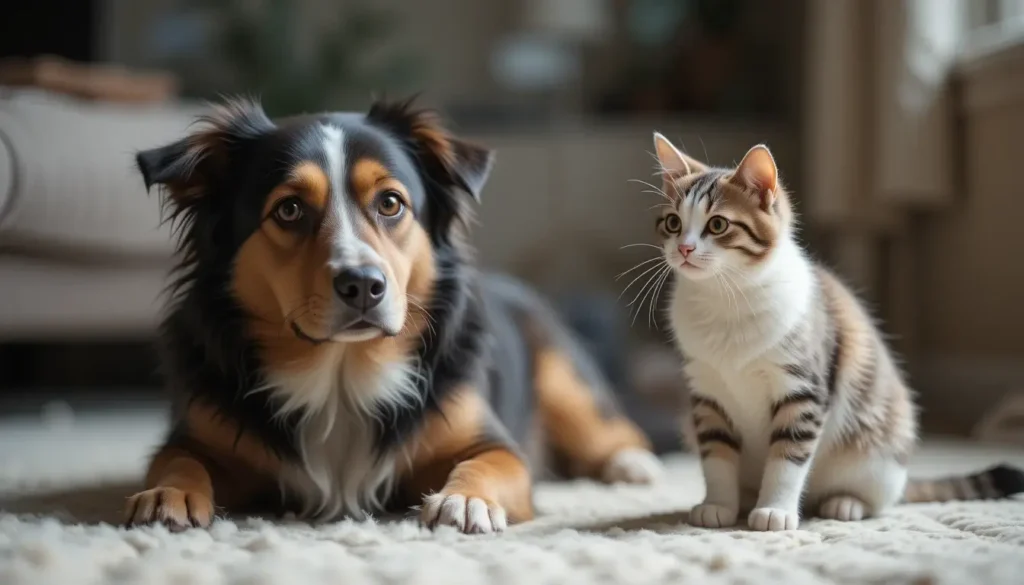 Chien et chat dans une situation calme, observant l'un l'autre.