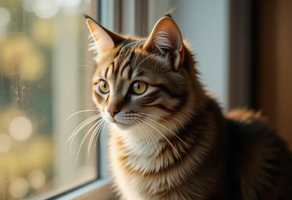 Gros plan sur un chat aux oreilles droites, assis sur le rebord d'une fenêtre.