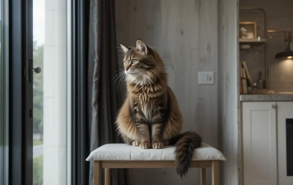 Maine Coon sur une étagère dans un intérieur moderne, regardant par la fenêtre, symbolisant sa popularité en tant que compagnon domestique.