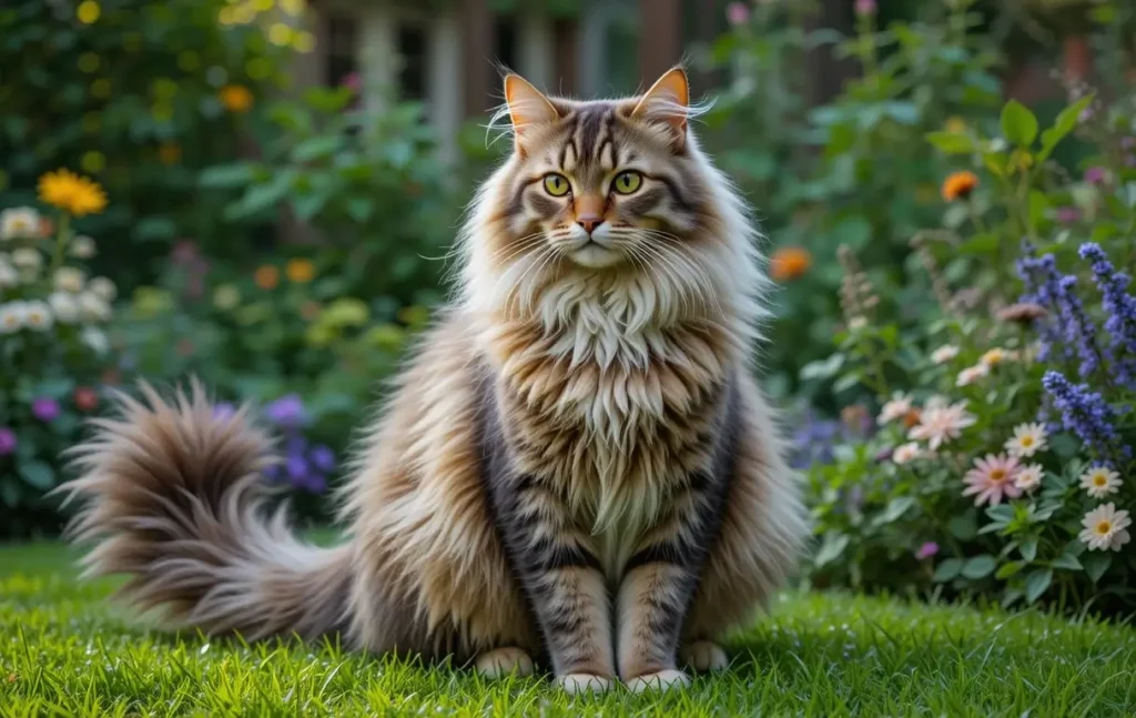 Maine Coon debout dans un jardin, sa fourrure épaisse et sa queue en panache, capturant sa stature imposante.