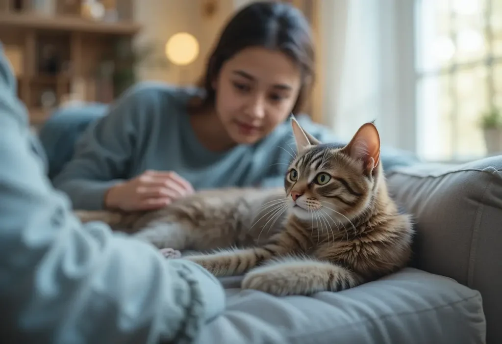 Une personne observe son chat avec bienveillance, dans une pièce calme.