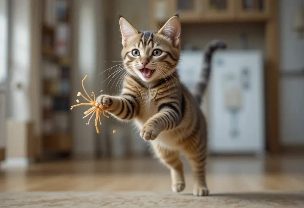 Chat qui s’étire près de sa gamelle, dans une ambiance intérieure tamisée.