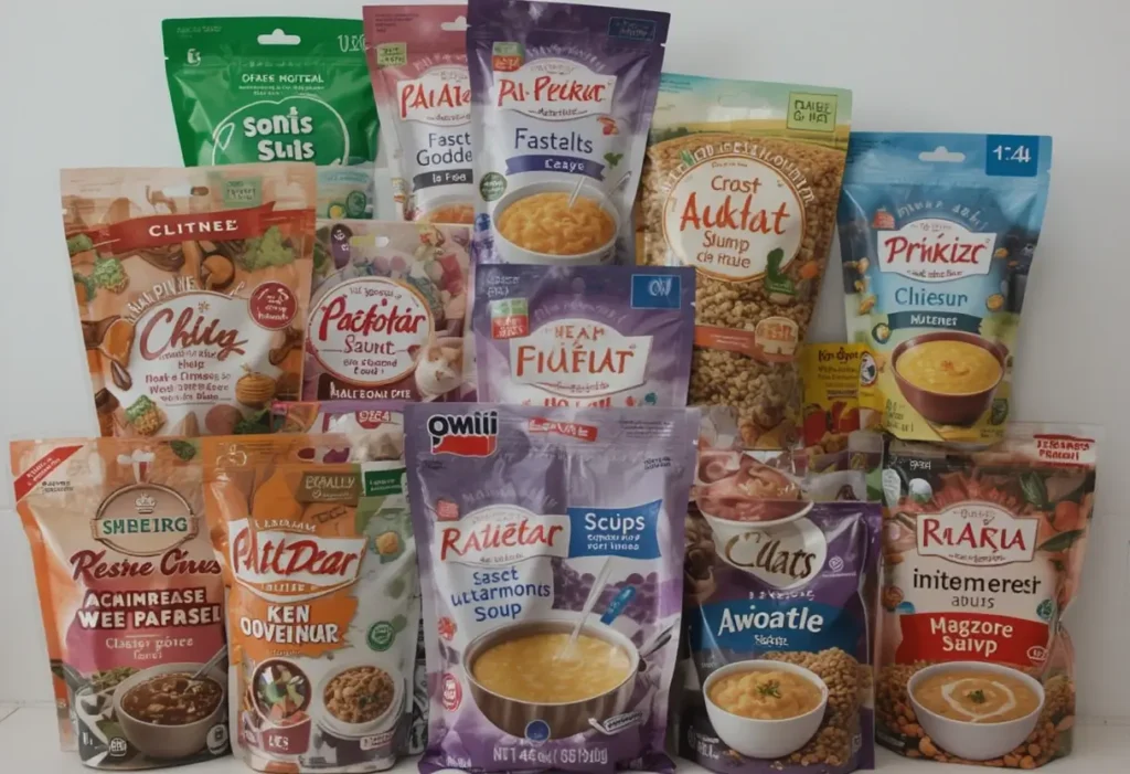 Plusieurs soupes pour chat en différents formats, montrant des produits de qualité avec des ingrédients visibles.
