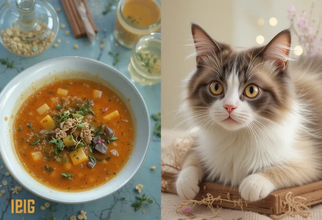 Un chat mangeant de la soupe servie sur ses croquettes.