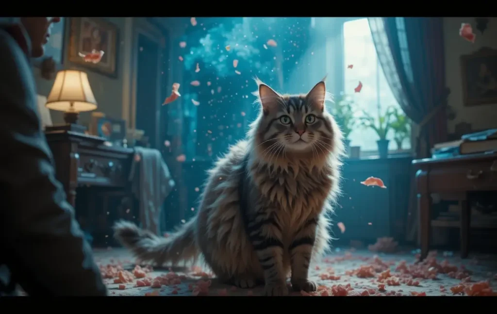 Maine Coon se faisant brosser, poils tombant autour de lui, illustrant l’entretien de son pelage.